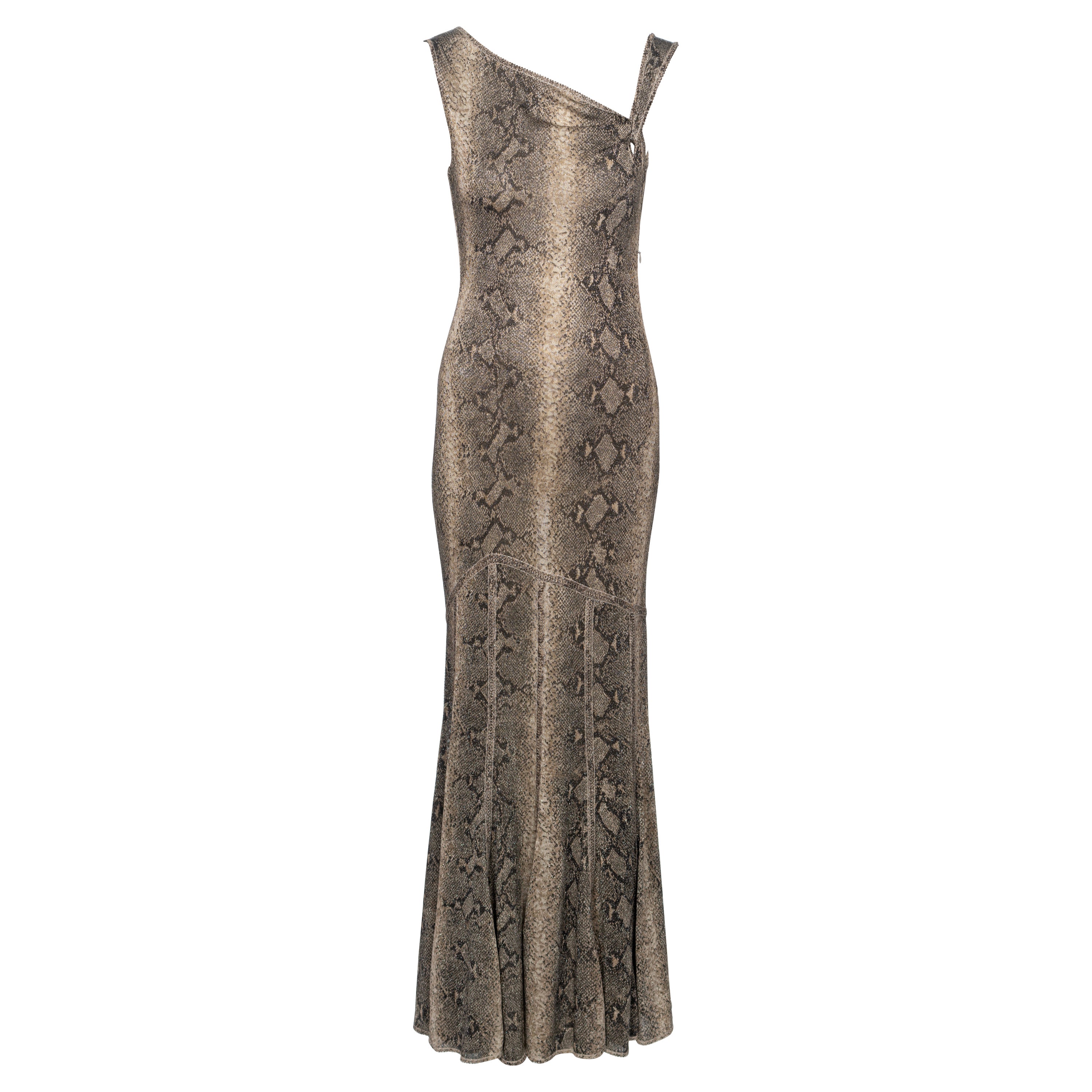 John Galliano Brown Snakeskin Print Maxi Dress with Asymmetric Neckline, SS 2000 For Sale