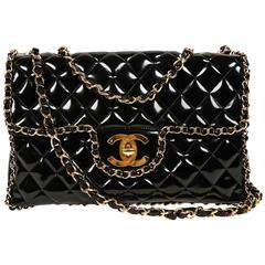 very rare 1990's CHANEL black patent leather jumbo maxi bag with chain trim 6