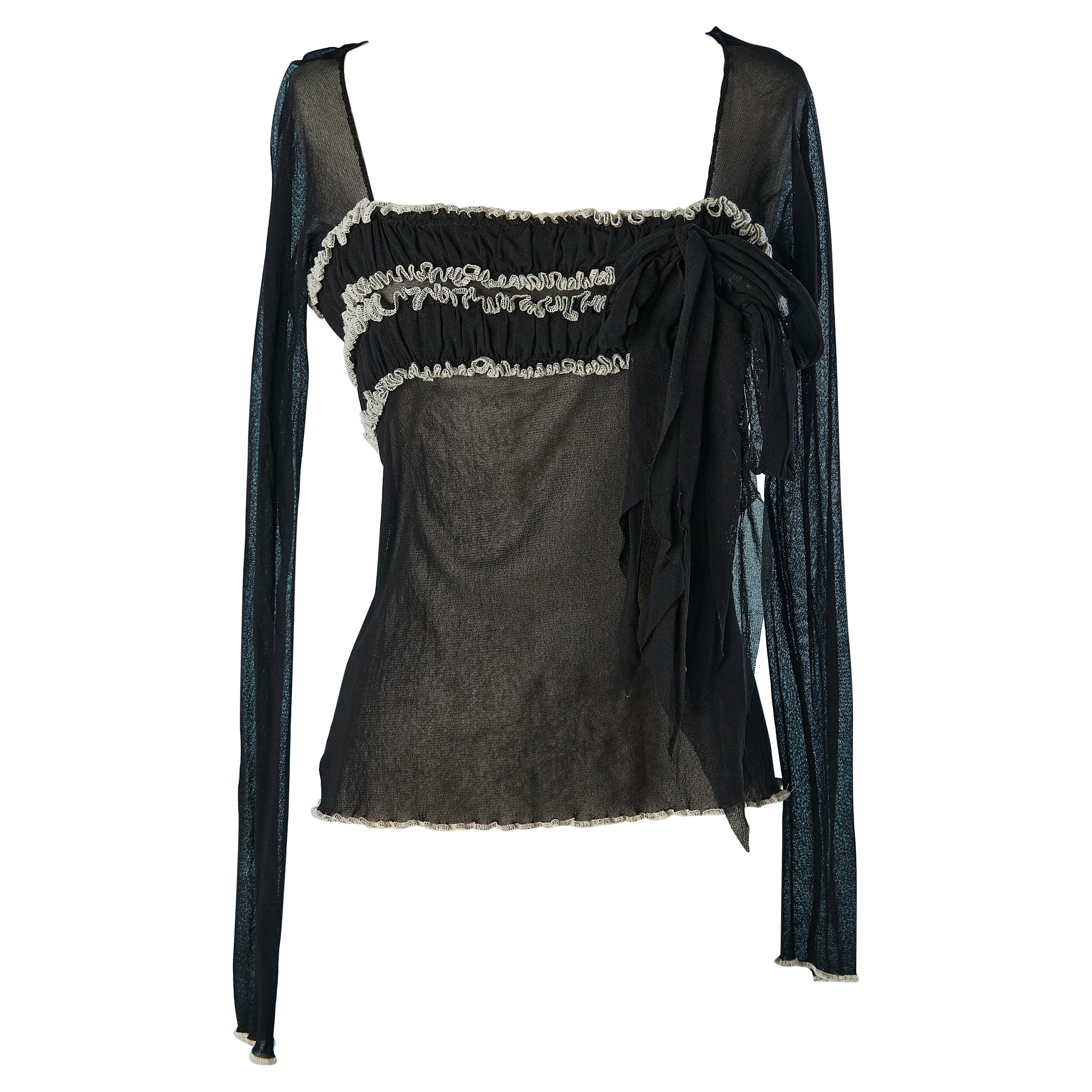 Black stretch tulle top with gather and top-stitching Jean-Paul Gaultier Maille  For Sale
