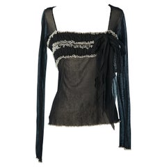 Retro Black stretch tulle top with gather and top-stitching Jean-Paul Gaultier Maille 