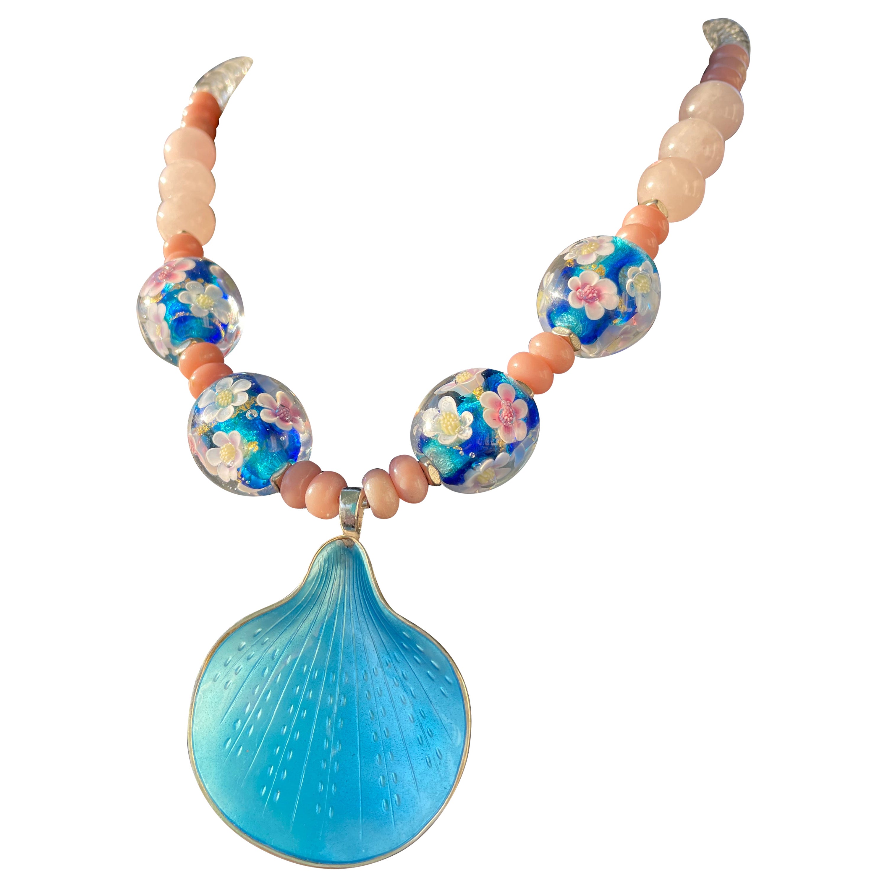 LB offers Vintage Danish Enamel Sterling pendant, glass Opals Quartz necklace For Sale