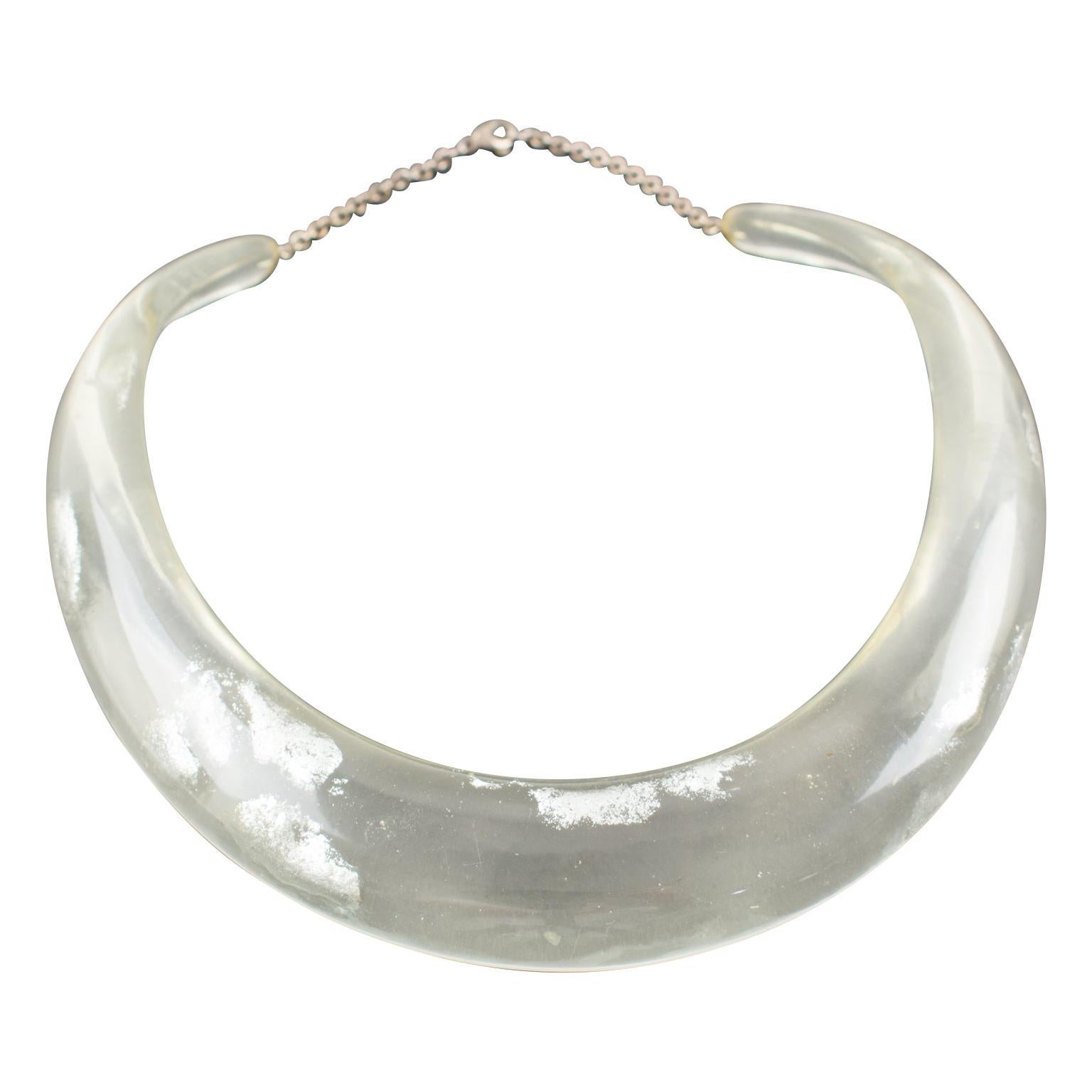 Transparent Resin Rigid Collar Necklace with Silver Flakes Inclusions For Sale
