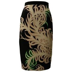 Vionnet Paris Black Pink and Green Feather Print Pencil Skirt 3