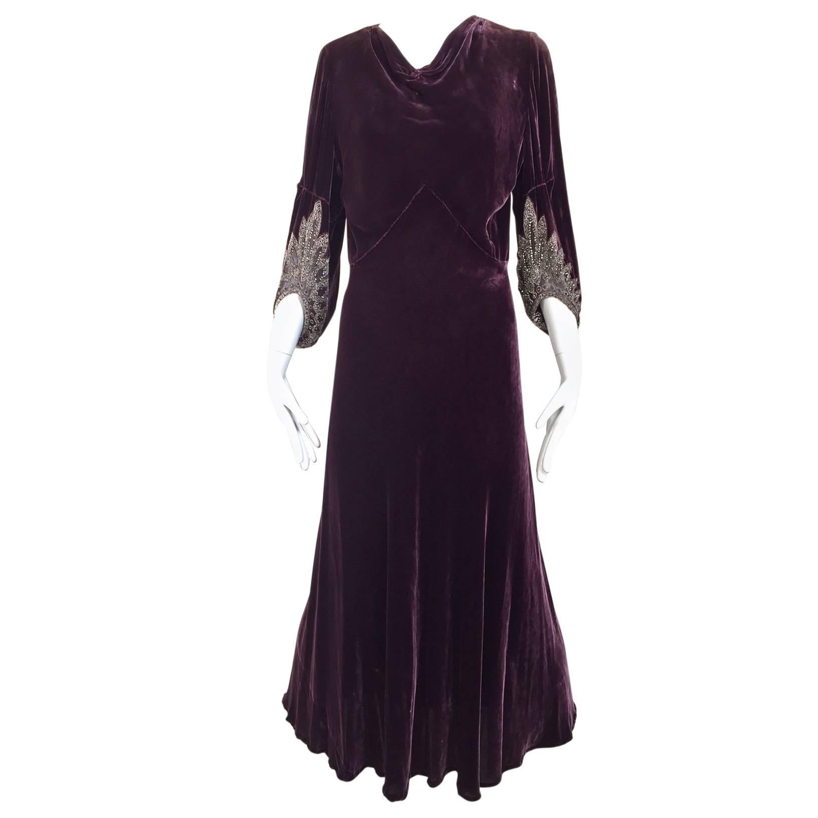 1930s Purple Eggplant silk velvet gown 