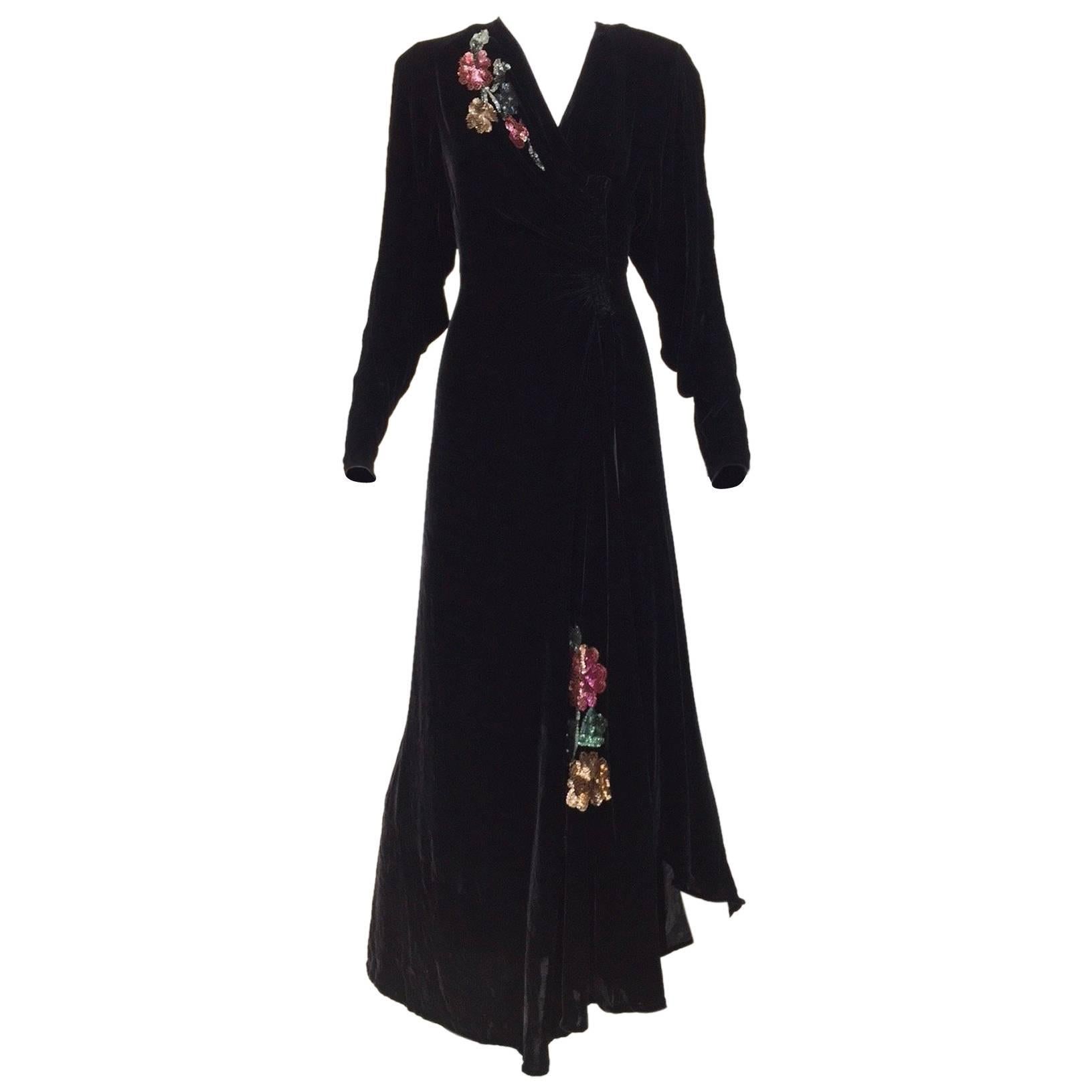 1940s Black Velvet gown with sequins applique