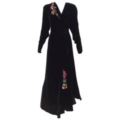 Vintage 1940s Black Velvet gown with sequins applique