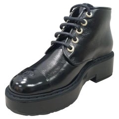Used Chanel Black Shiny Calfskin Pearl Lace-Up Combat Short Boots 