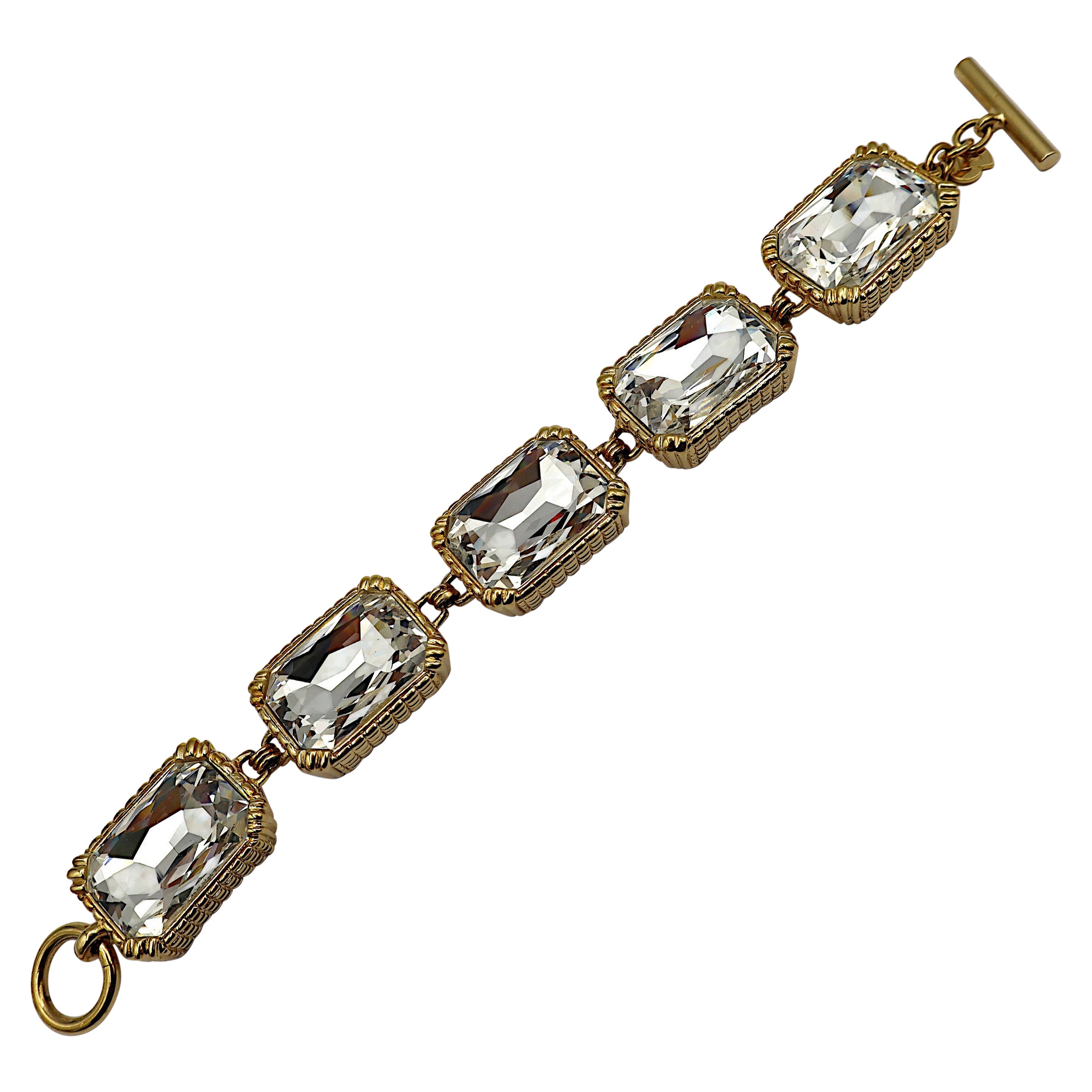 CHRISTIAN DIOR Vintage Gold Tone Rectangular Crystal Link Bracelet