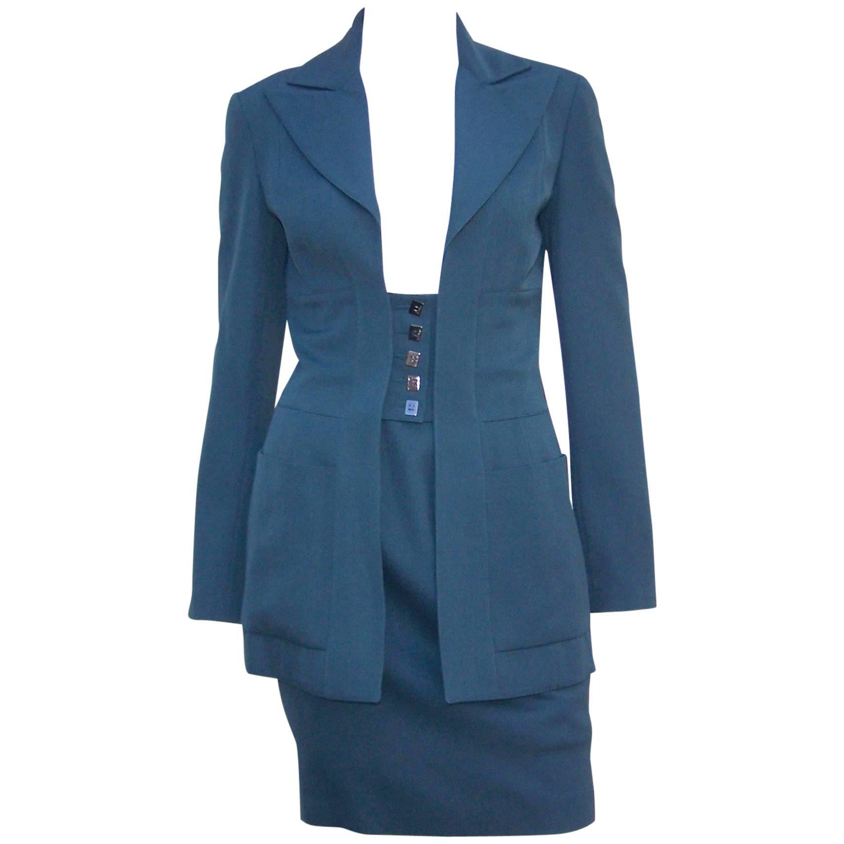 Karl Lagerfeld Corset Style Teal Green Suit, 1990's For Sale