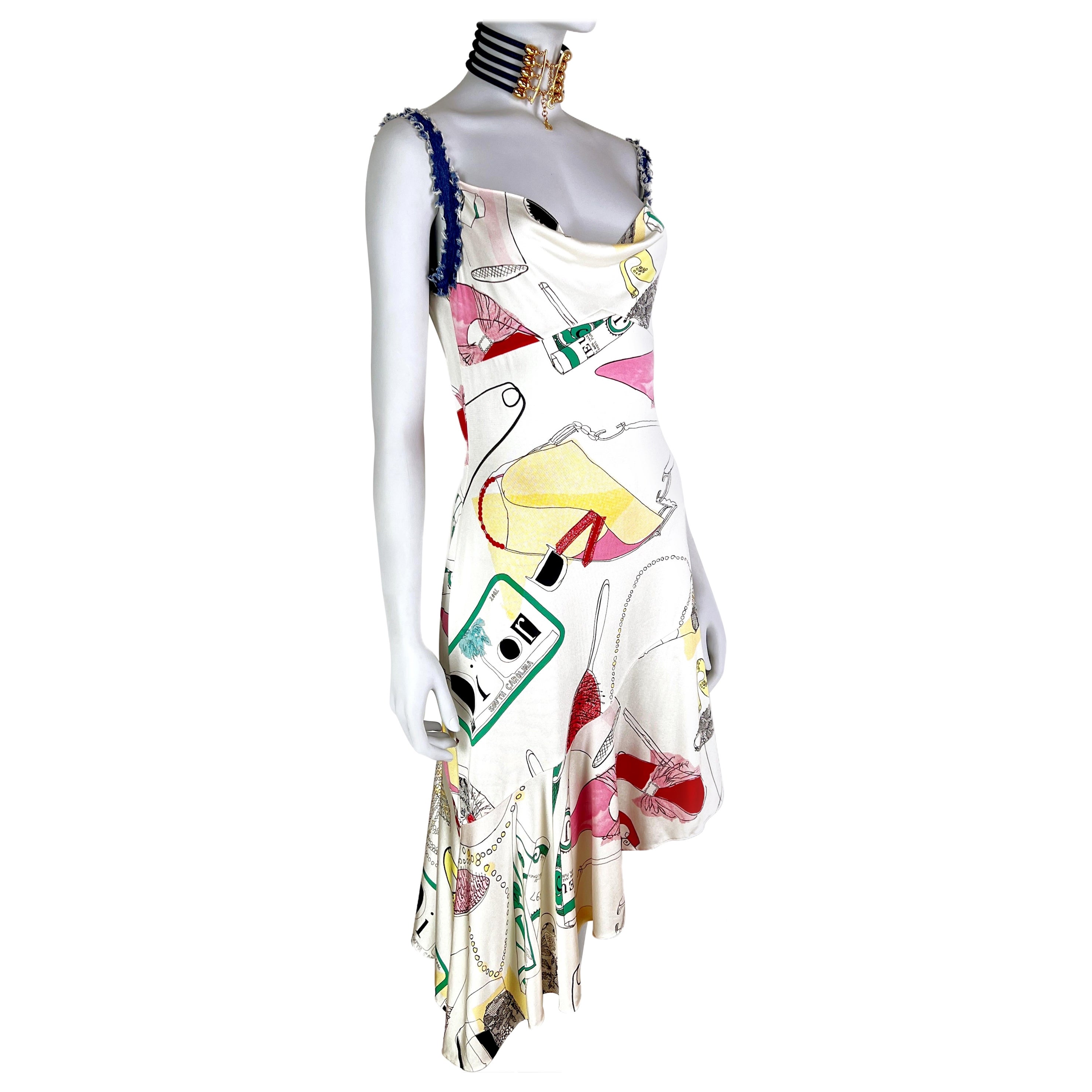 Dior by John Galliano Spring 2001 Doodle Print Silk Asymmetrical Dress For Sale