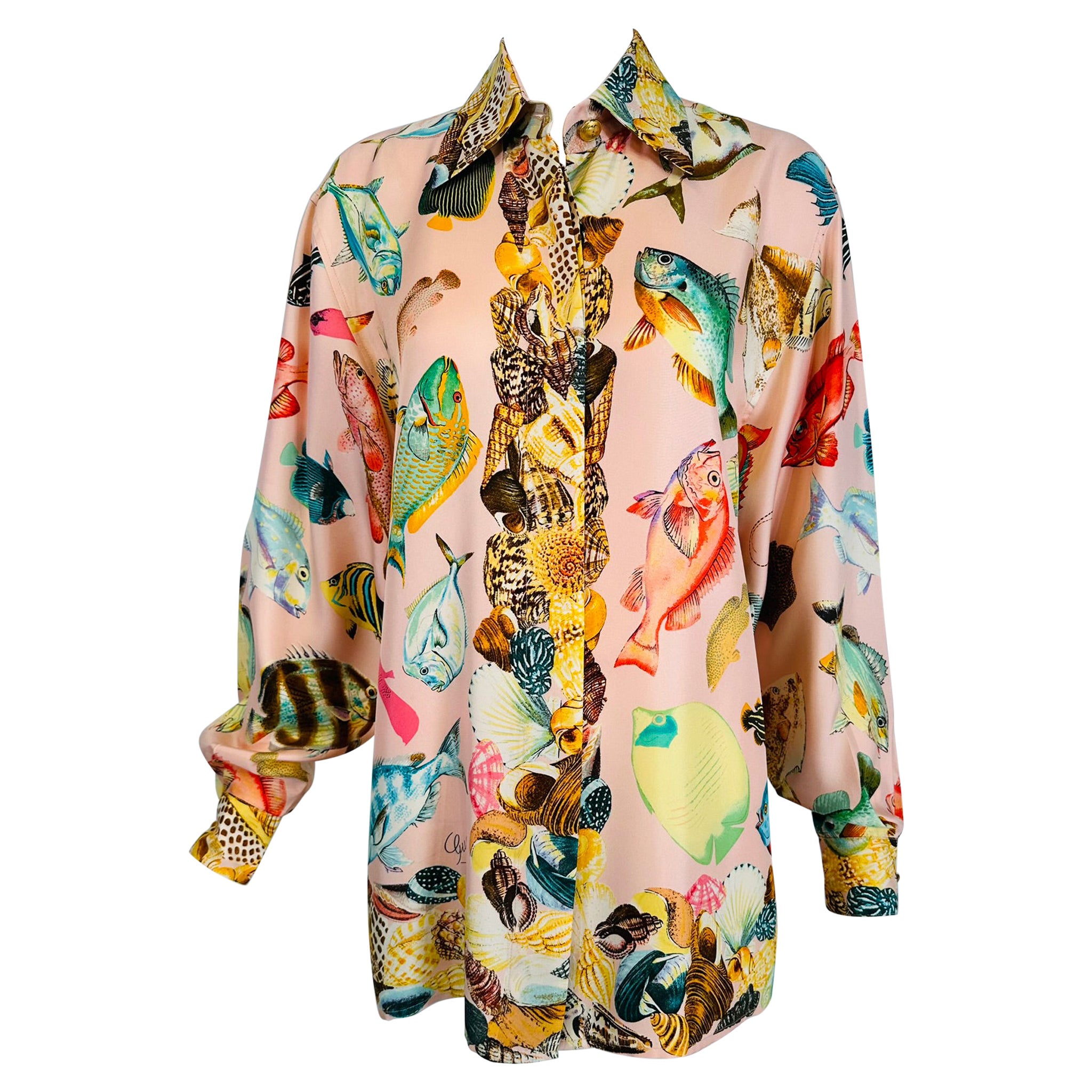 Gucci F/S 1992 Laufsteg Rosa Oversize-Hemd/Tunika aus Seiden-Twill mit Fisch- und Meeresschalenmuster in Übergröße 42 im Angebot