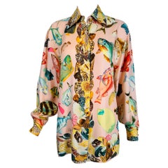 Retro Gucci S/S 1992 Runway Pink Silk Twill Fish & Sea Shells Oversize Shirt/Tunic 42