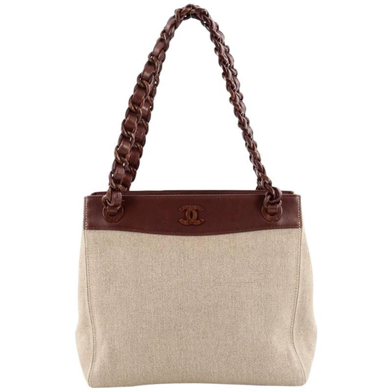 Chanel Vintage Wood Chain CC Tote Canvas with Leather Medium
