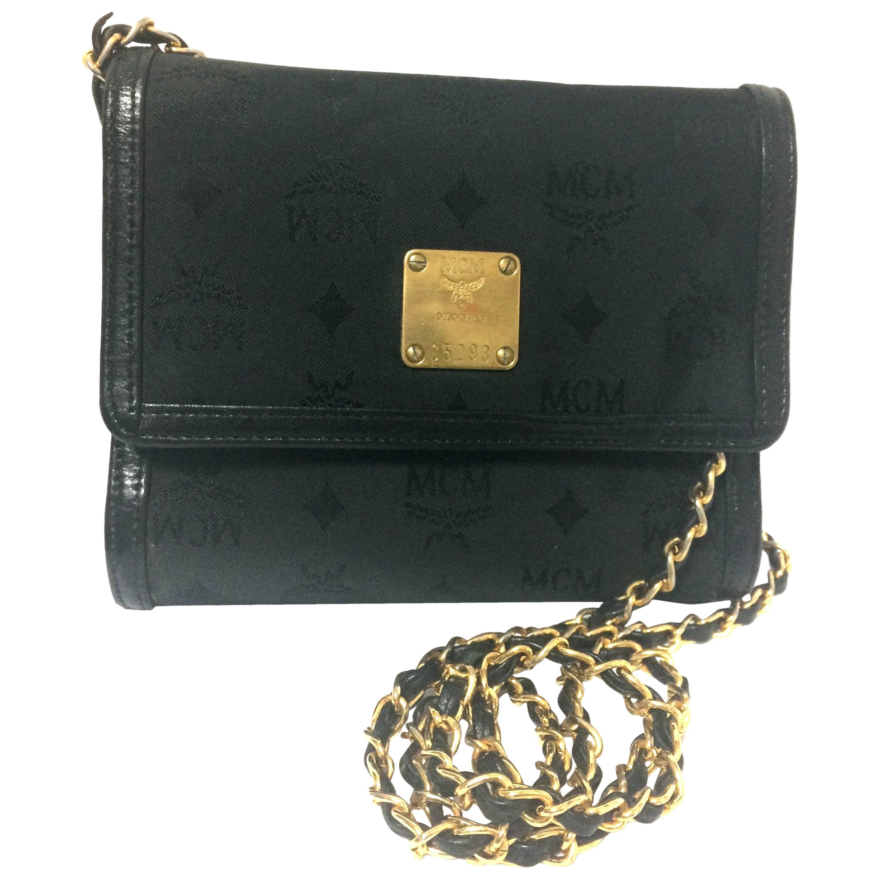 Vintage MCM black nylon monogram rare clutch shoulder bag with leather trimmings For Sale