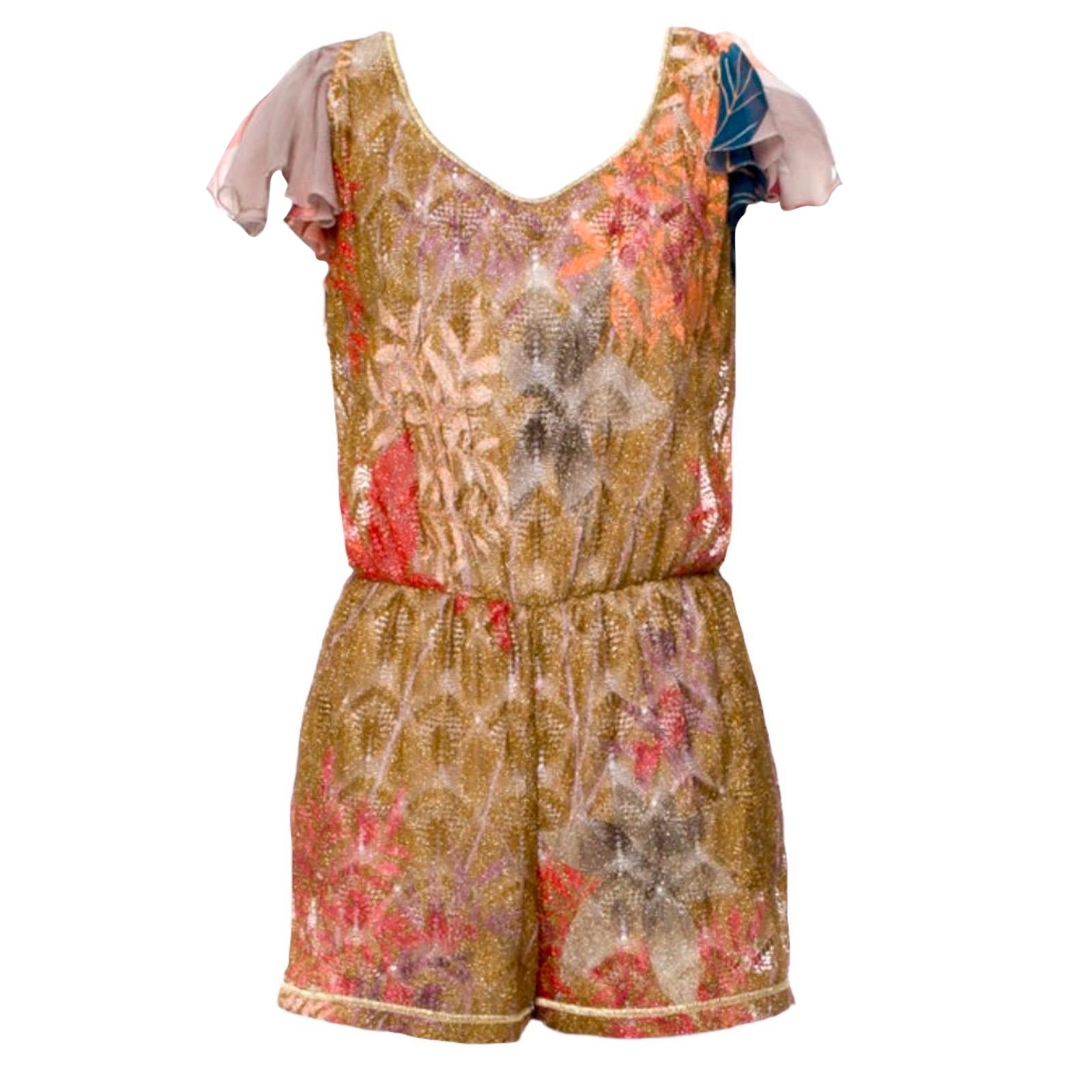 UNGEWONN Missoni Gold Metallic Crochet Knit Floral Jumpsuit Romper Playsuit 44