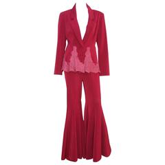 C.1990 Jiki Monte Carlo Ruby Red Pinstripe Bell Bottom Pant Suit