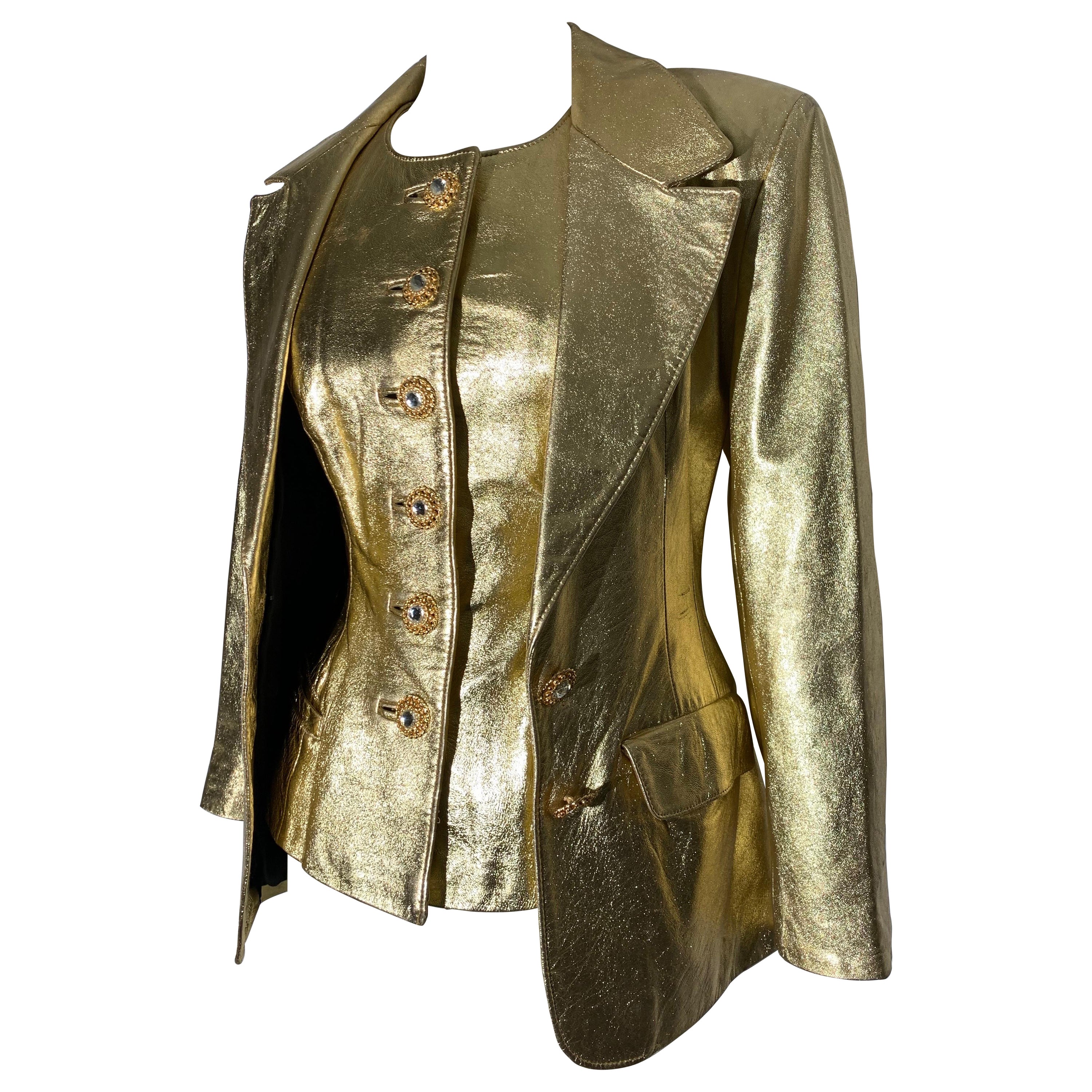 1980s Lillie Rubin 2-Piece Gold Metallic Lambskin Leather Vest & Jacket Ensemble For Sale