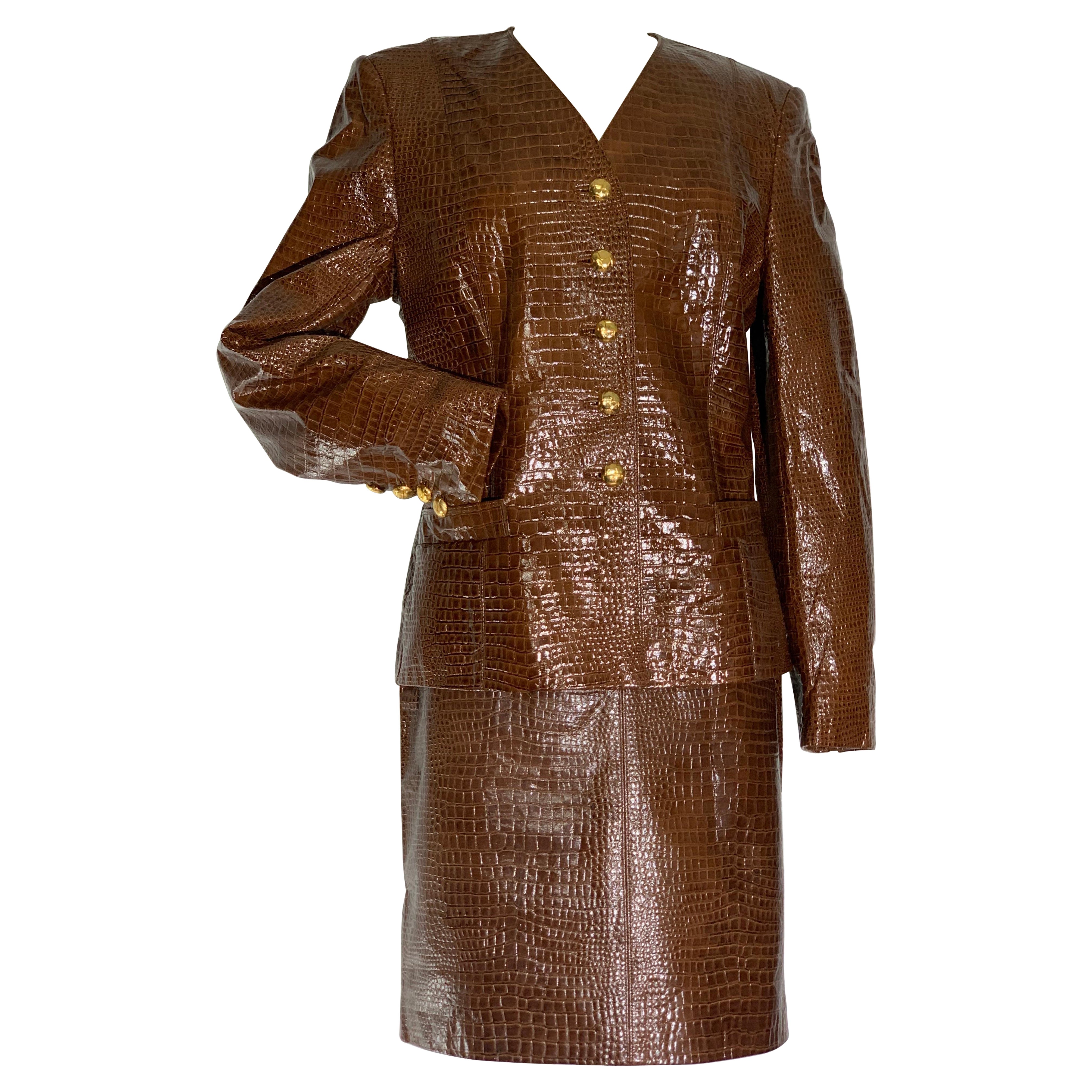 1980s Escada Brown Patent Leather Crocodile Embossed Skirt w Gold Buttons en vente