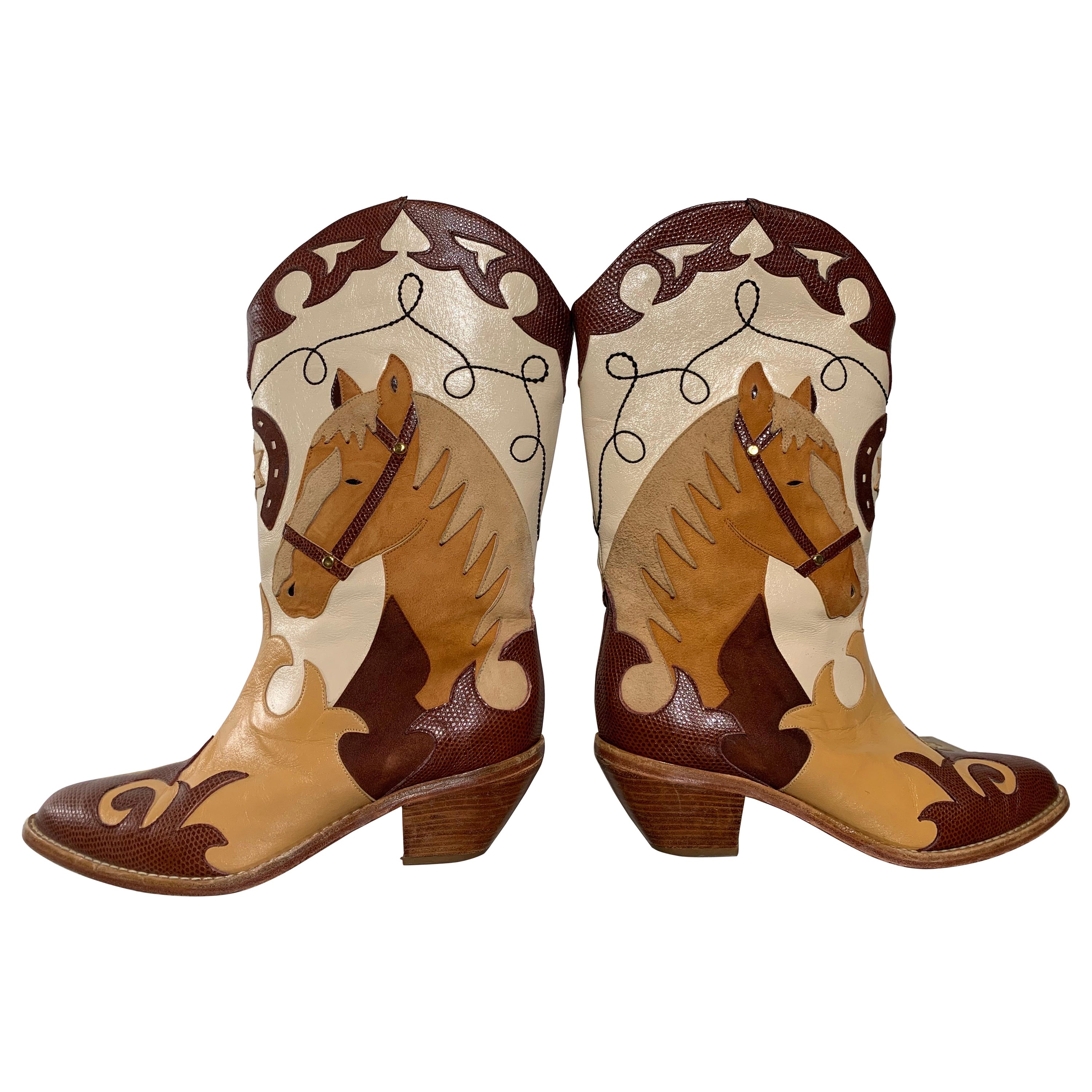 1980s Western Cowboy Horse Motif Short Boots w Leather Applique Design For Sale