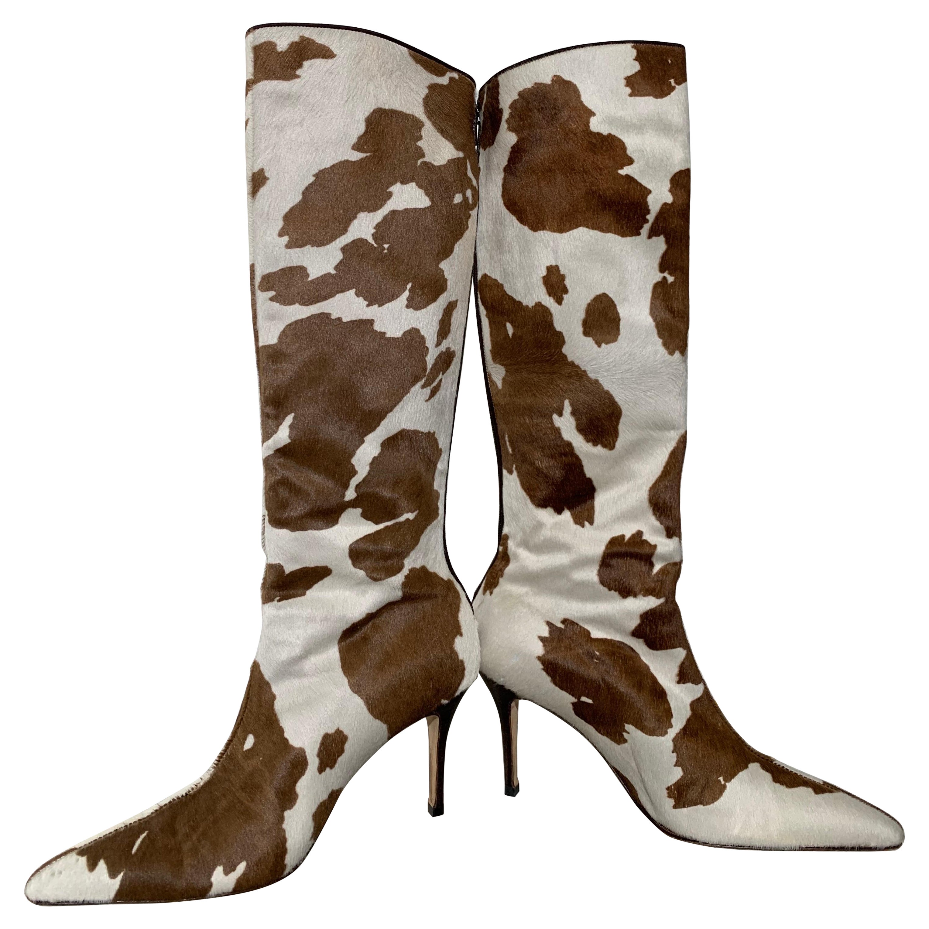 Manolo Blahnik Brown & White Cow Print Leather Knee-High Stiletto Heel Boots For Sale