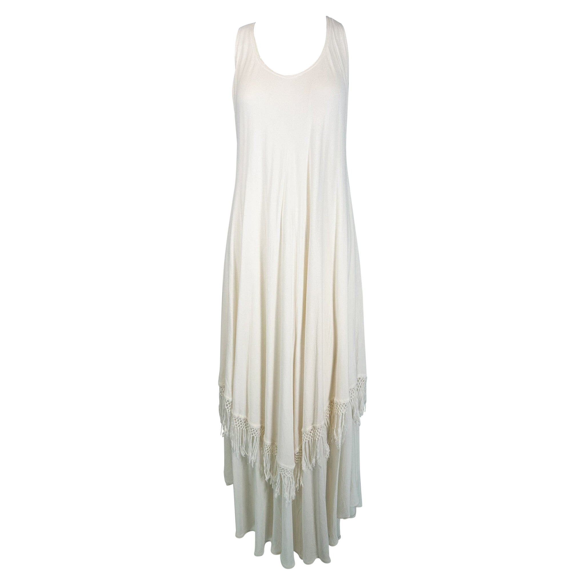 Laise Adzer Off White Racer Shoulder Maxi Layered Fringe Hem Sleeveless Dress For Sale