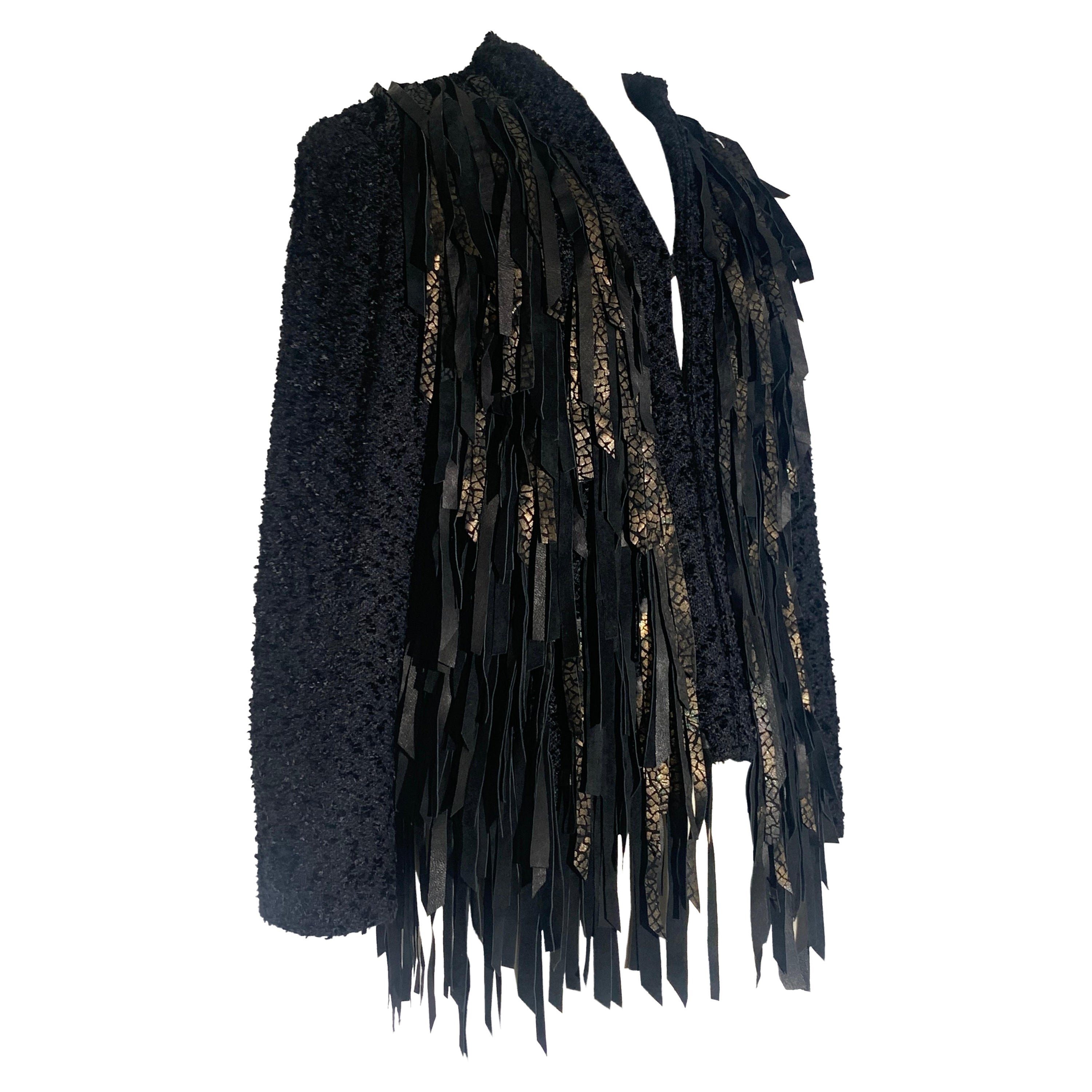 Western-Inspired Art-To-Wear Handwoven Black Boucle & Suede Fringed Jacket  For Sale