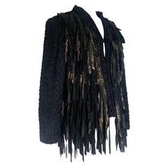 Western-Inspired Art-To-Wear Handwoven Black Boucle & Suede Fringed Jacket 