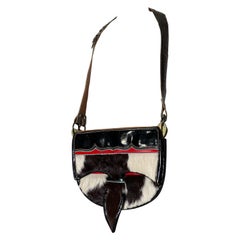 Vintage 1980s Western-Inspired Black/White Cowhide & Patent Leather Saddle Shoulder Bag