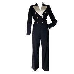 Escada By Margaretha Ley Black Wool Gabardine and White Silk Satin Jumpsuit