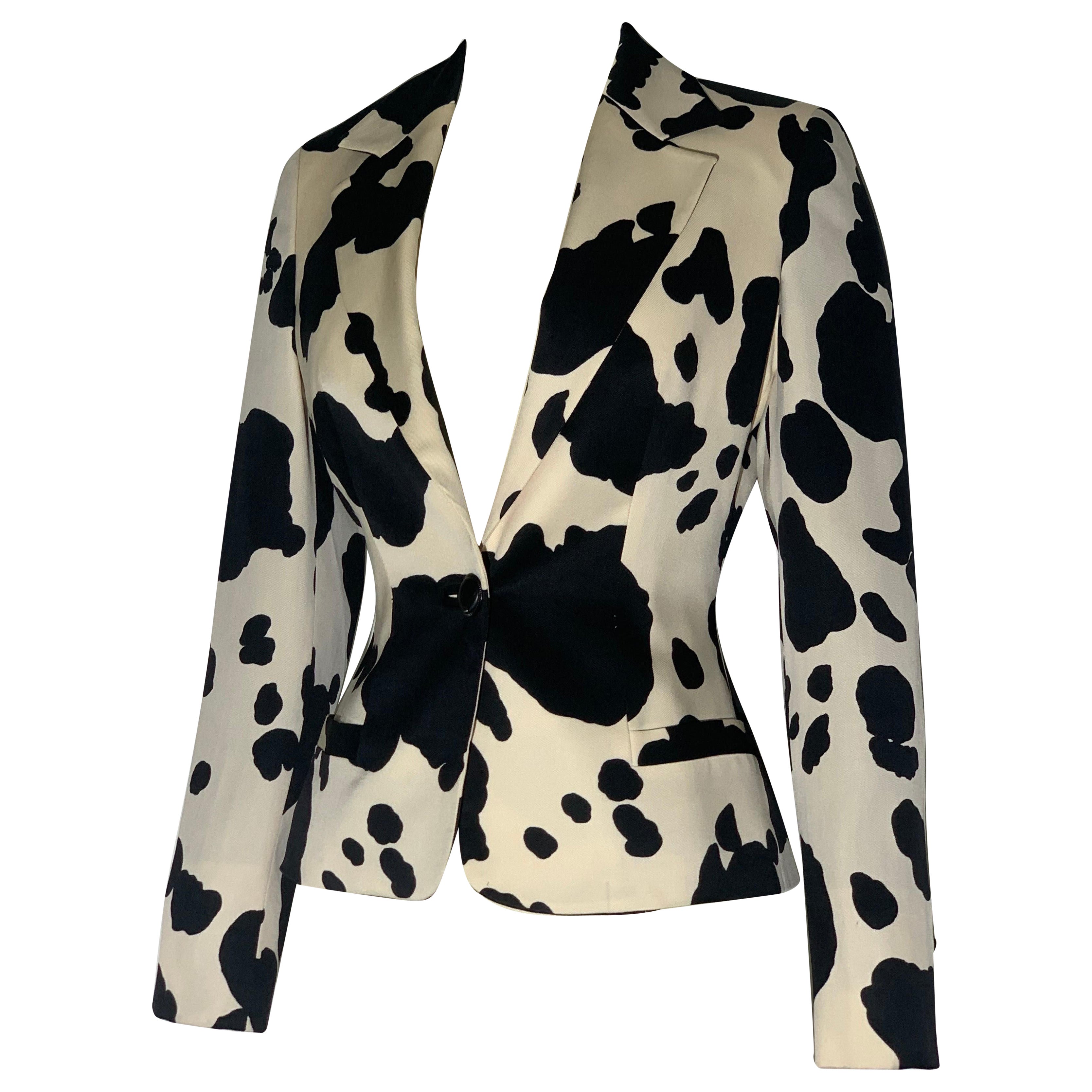 Gianni Versace Black/White Cow Print Wool Gabardine Jacket w Single Button For Sale