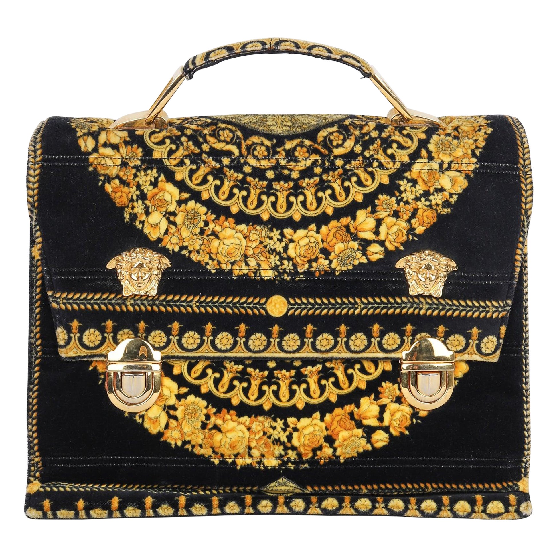 Gianni Versace Black Velvet Bag with Golden Patterns For Sale