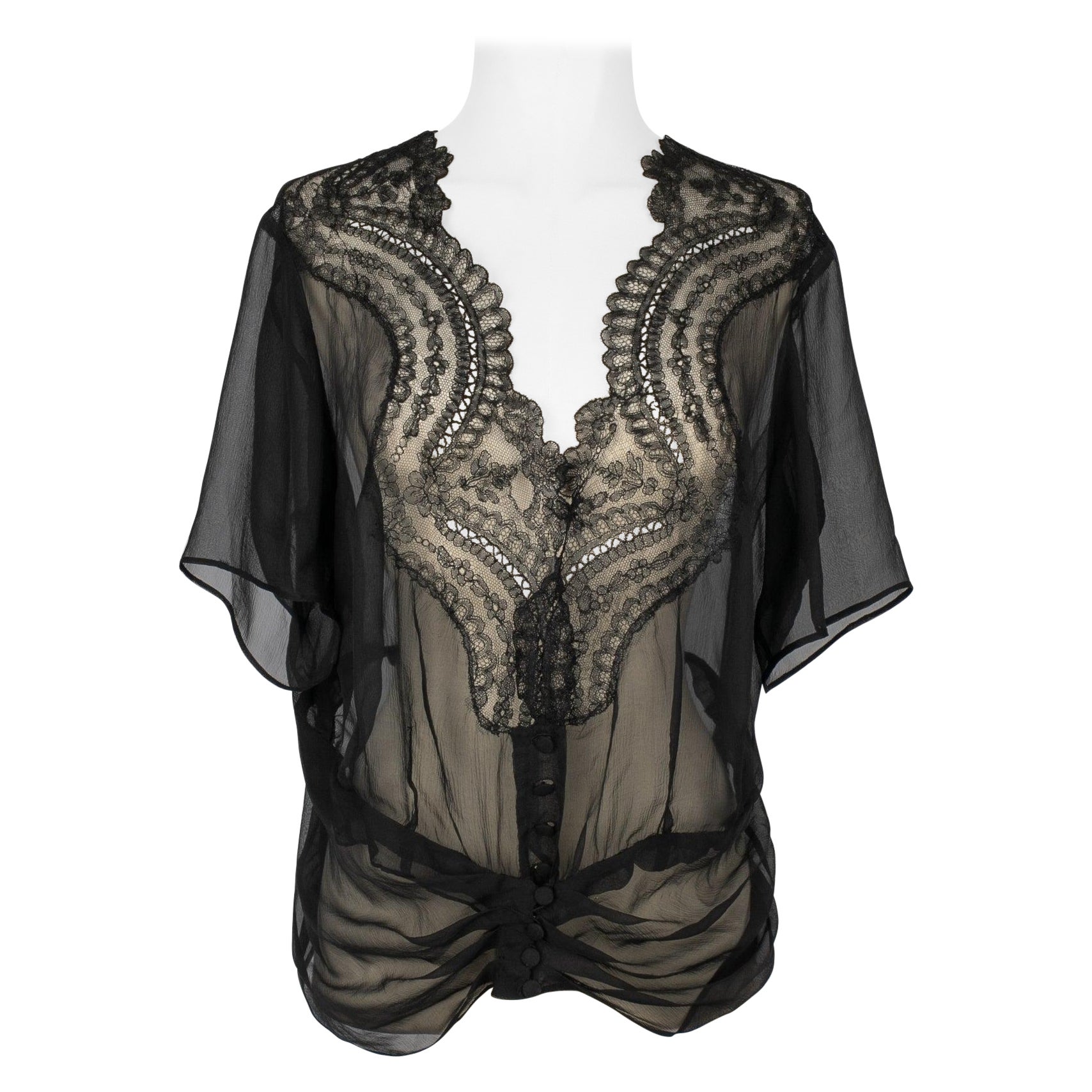 Silk Muslin with Black Lace Vintage Top For Sale