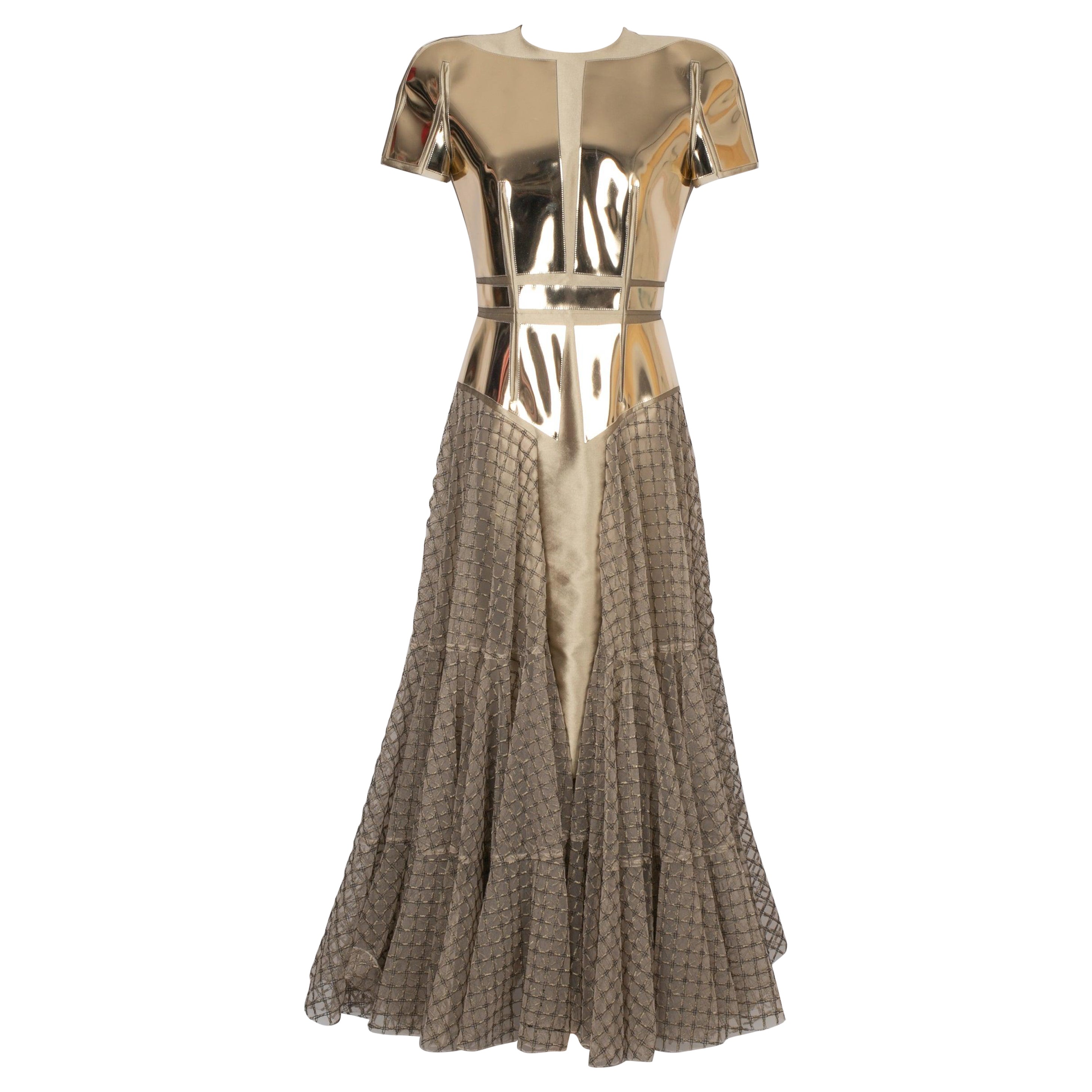 Paule Ka Fishnet, Taffeta and Vinyl Golden Maxi Dress For Sale