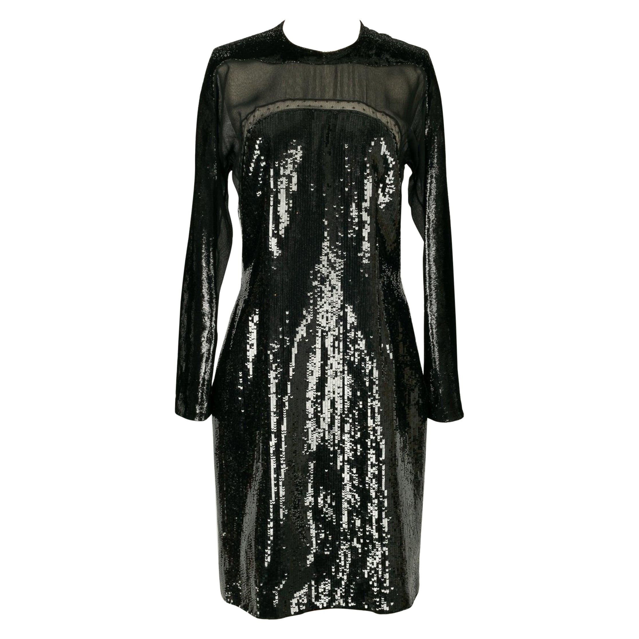 Saks Fifth Avenue - Robe de soirée noire à manches longues en mousseline de soie et velours en vente