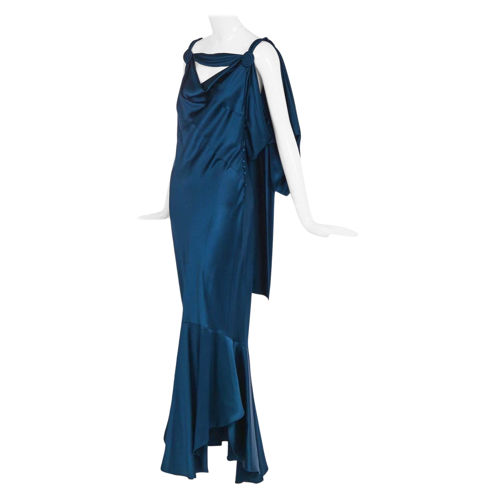 JOHN GALLIANO Robe de soirée en satin sarcelle coupée en biais de la collection A/H 2008 en vente