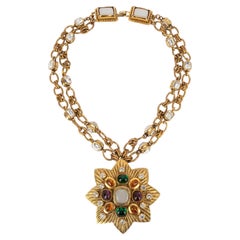 Vintage Chanel Golden Metal Two-row Necklace with Rhinestones and a Golden Metal Pendant