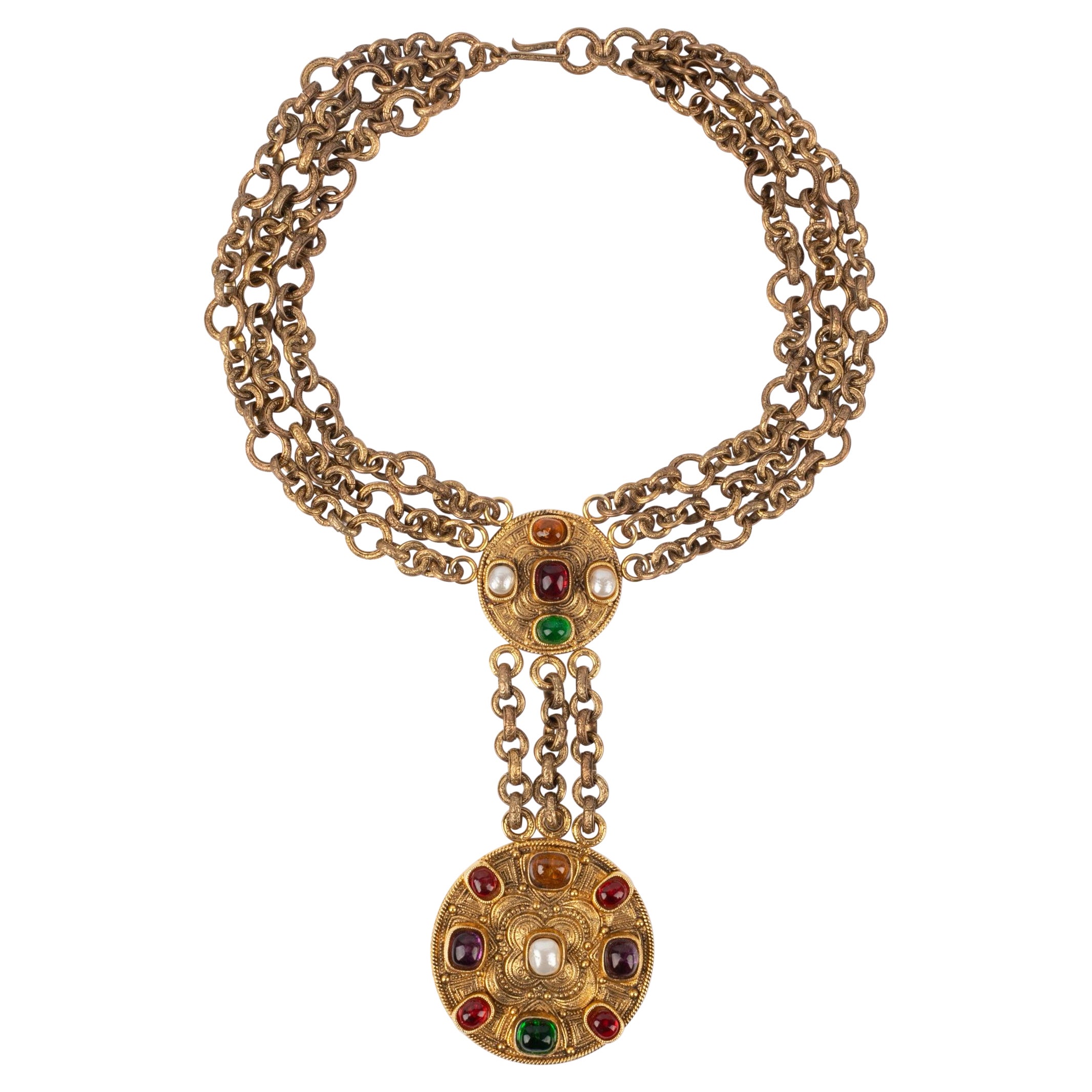 Chanel Byzantine Golden Metal Necklace with Glass Paste, 1984 For Sale