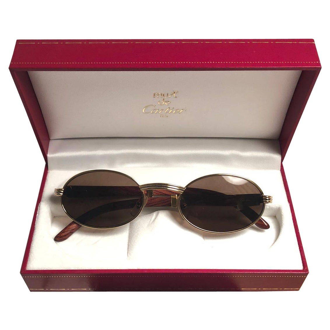 Cartier Sully New Gold and Wood 53/22 Full Set Brown Lens France Sunglasses For Sale