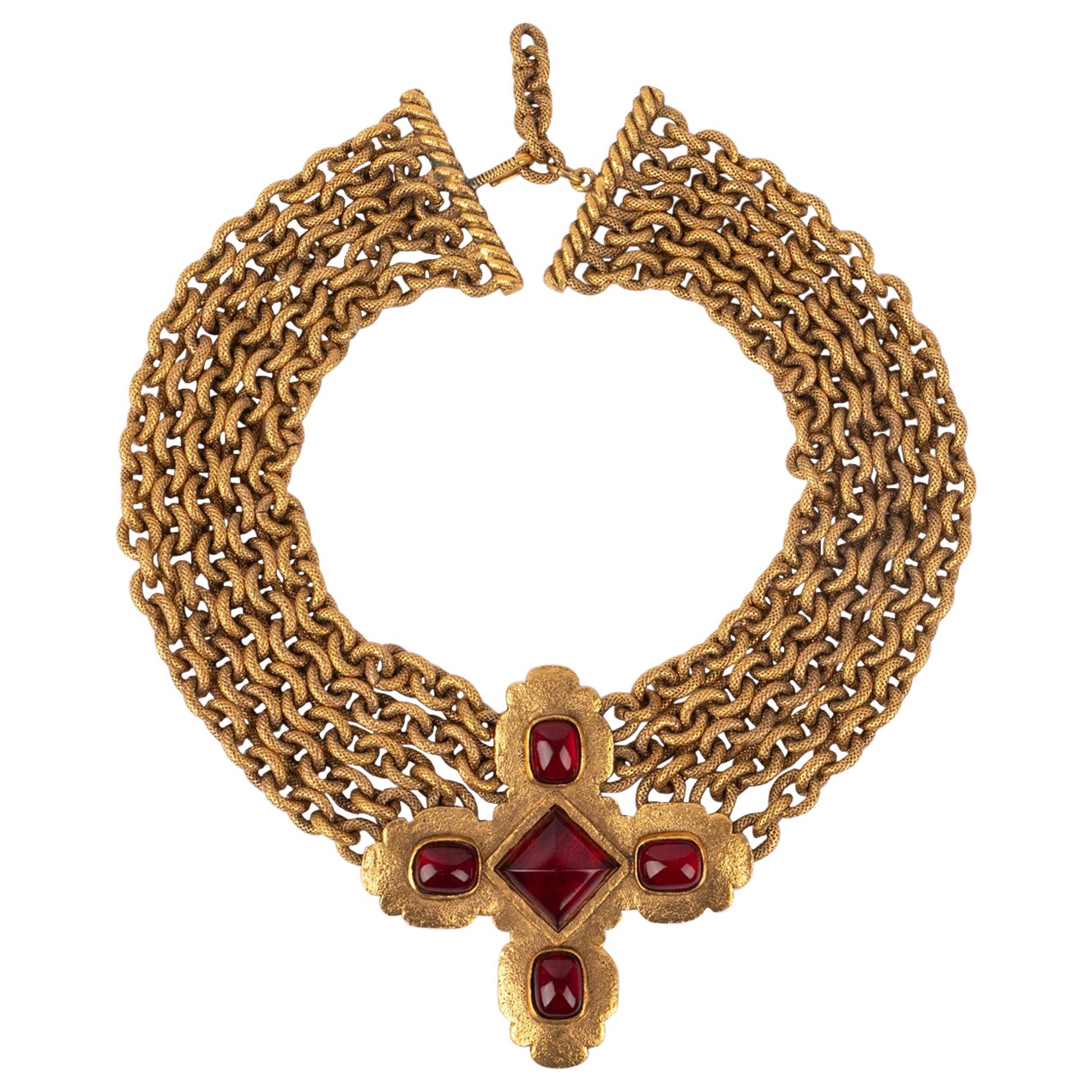 Chanel Cross Golden Metal Short Necklace with Red Glass Paste, 1990s For Sale