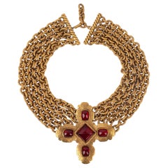 Retro Chanel Cross Golden Metal Short Necklace with Red Glass Paste, 1990s