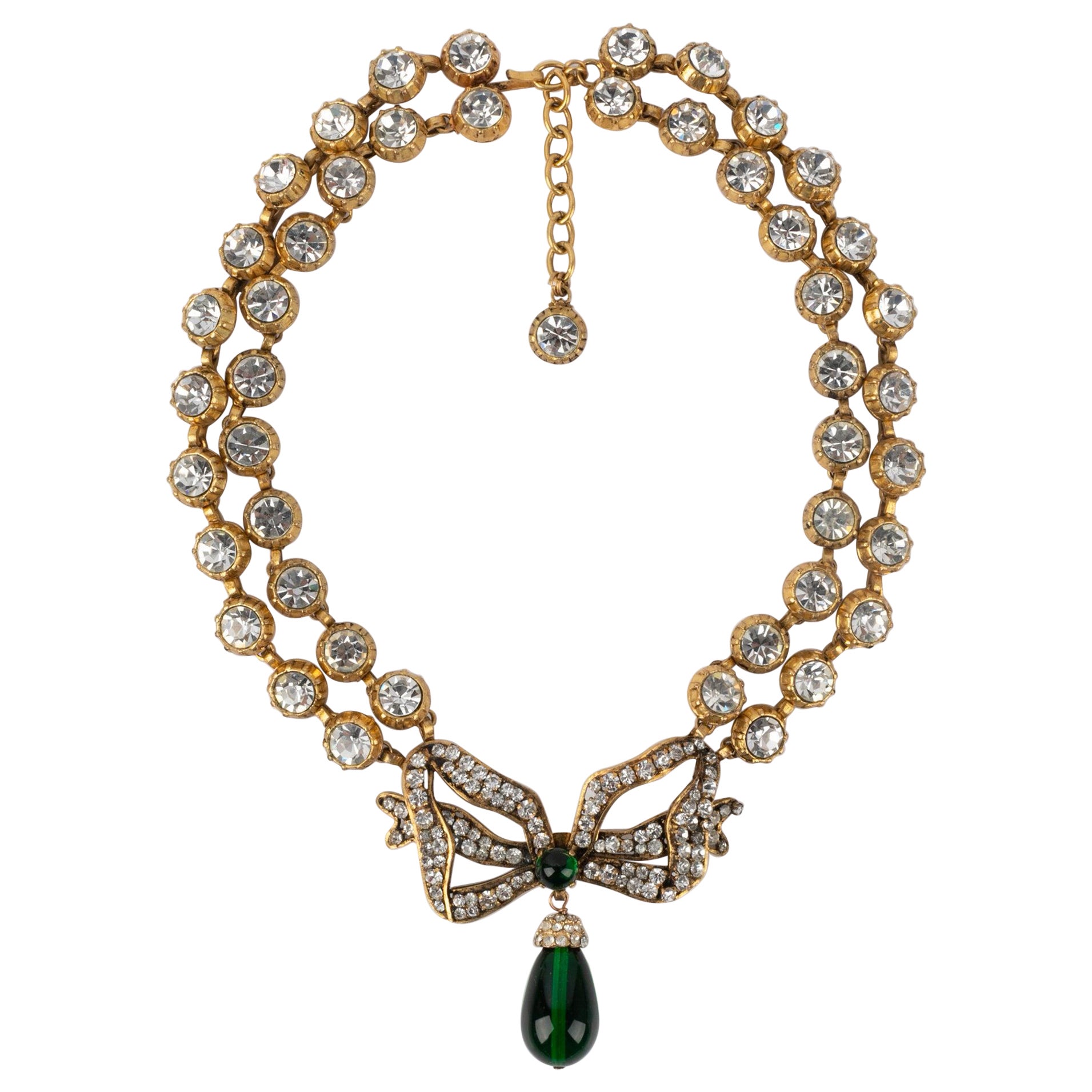 Chanel Bow Golden Metal Necklace with Rhinestones and Green Glass Paste For Sale