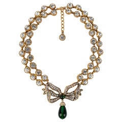 Vintage Chanel Bow Golden Metal Necklace with Rhinestones and Green Glass Paste