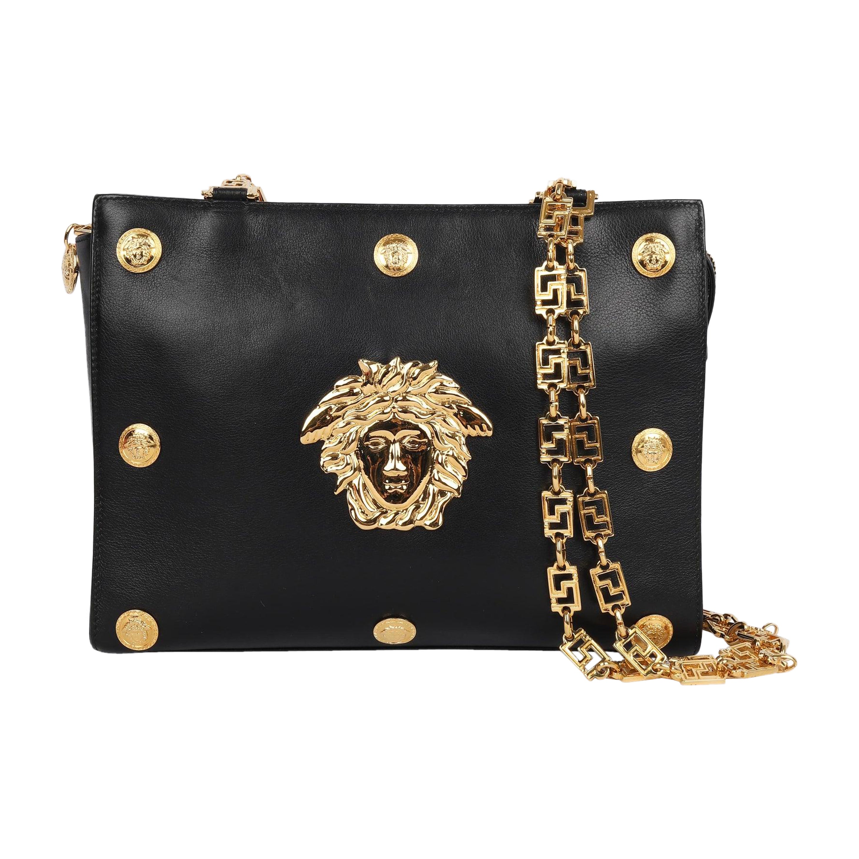 Gianni Versace Black Leather Bag with Golden Metal Elements For Sale