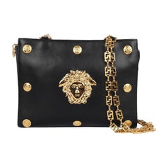 Retro Gianni Versace Black Leather Bag with Golden Metal Elements