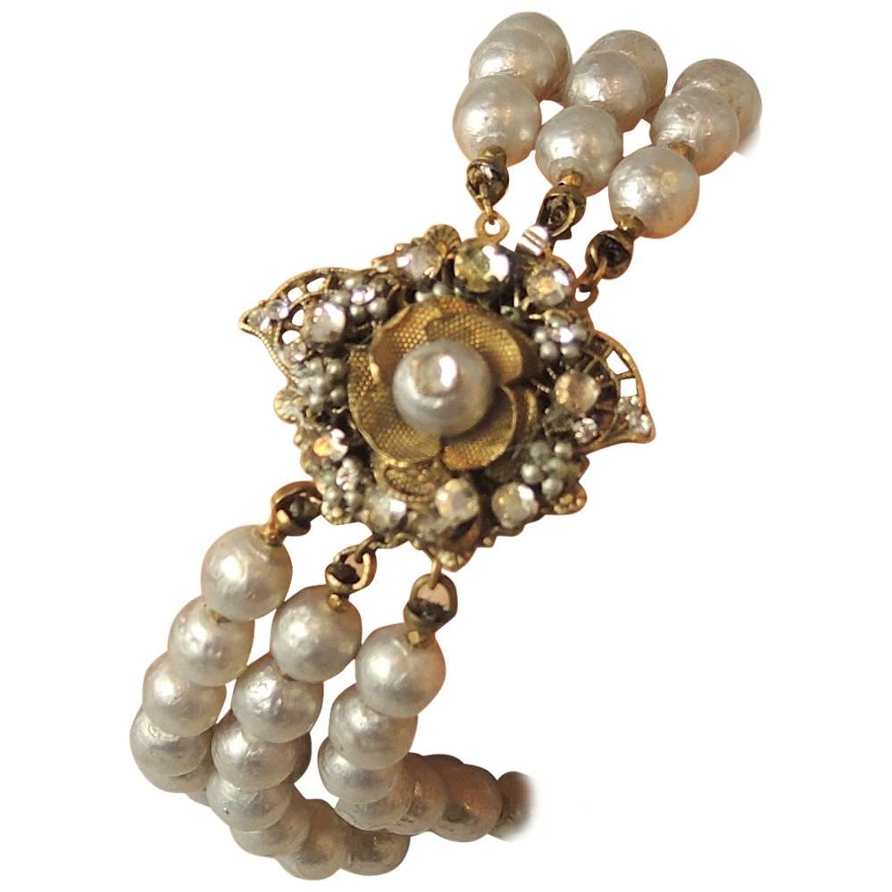 Vintage Signed Miriam Haskell Multi-3-Strand Faux Pearl Bracelet
