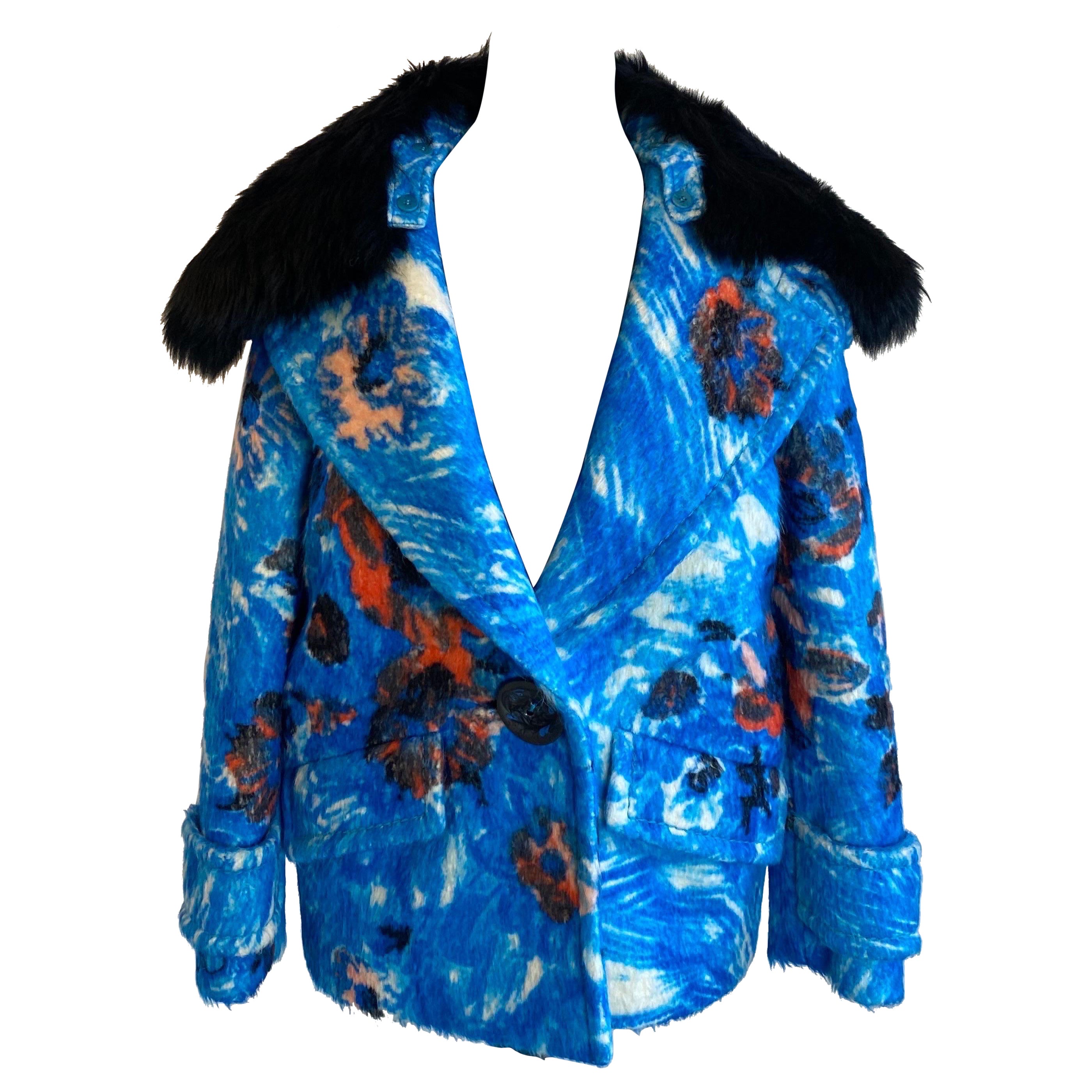 Prada AW 2015 Alpaca Blue Flower Coat For Sale