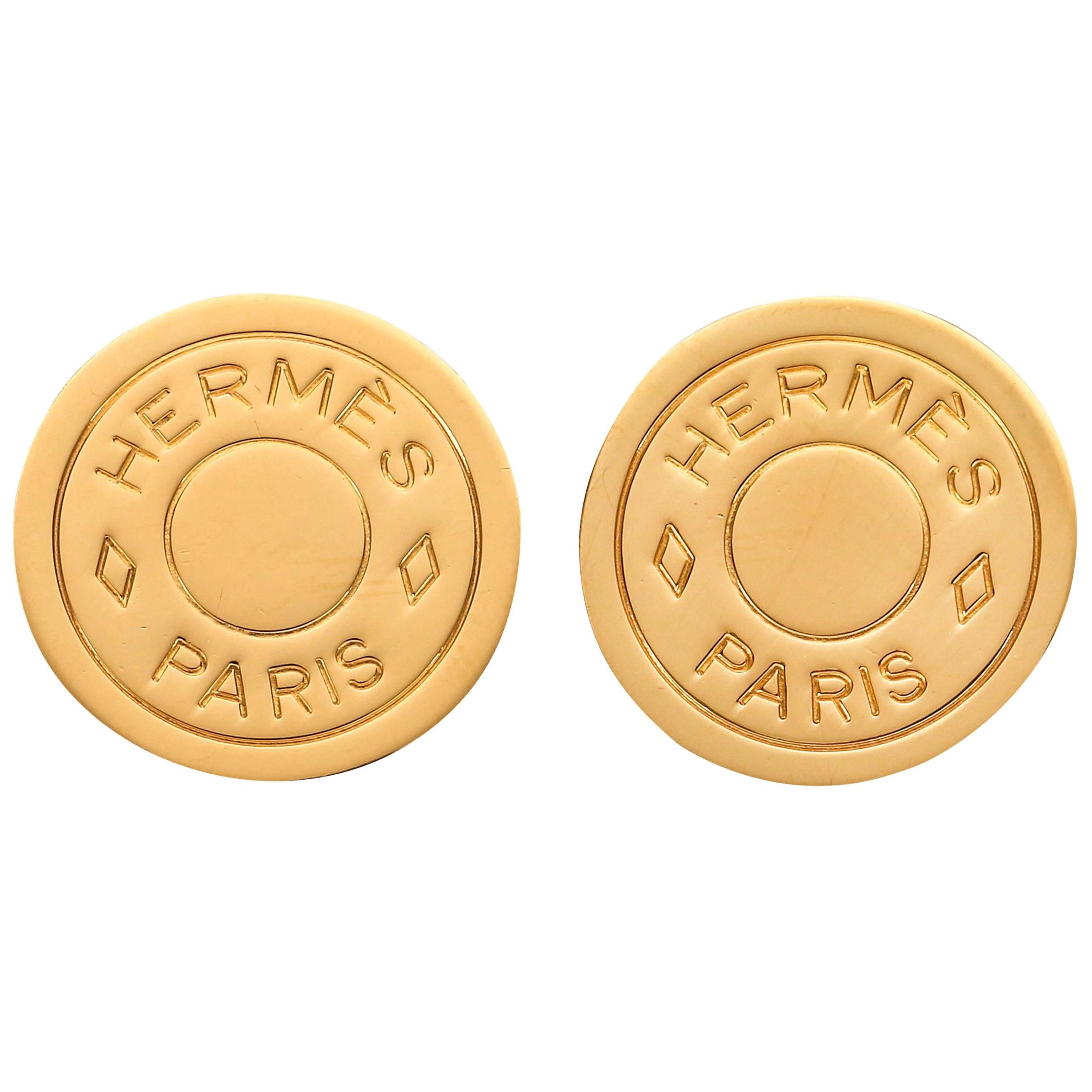 HERMES "Clou de Selle" Bijouterie Fantaisie Paris Gold Logo Stud Clip Earrings