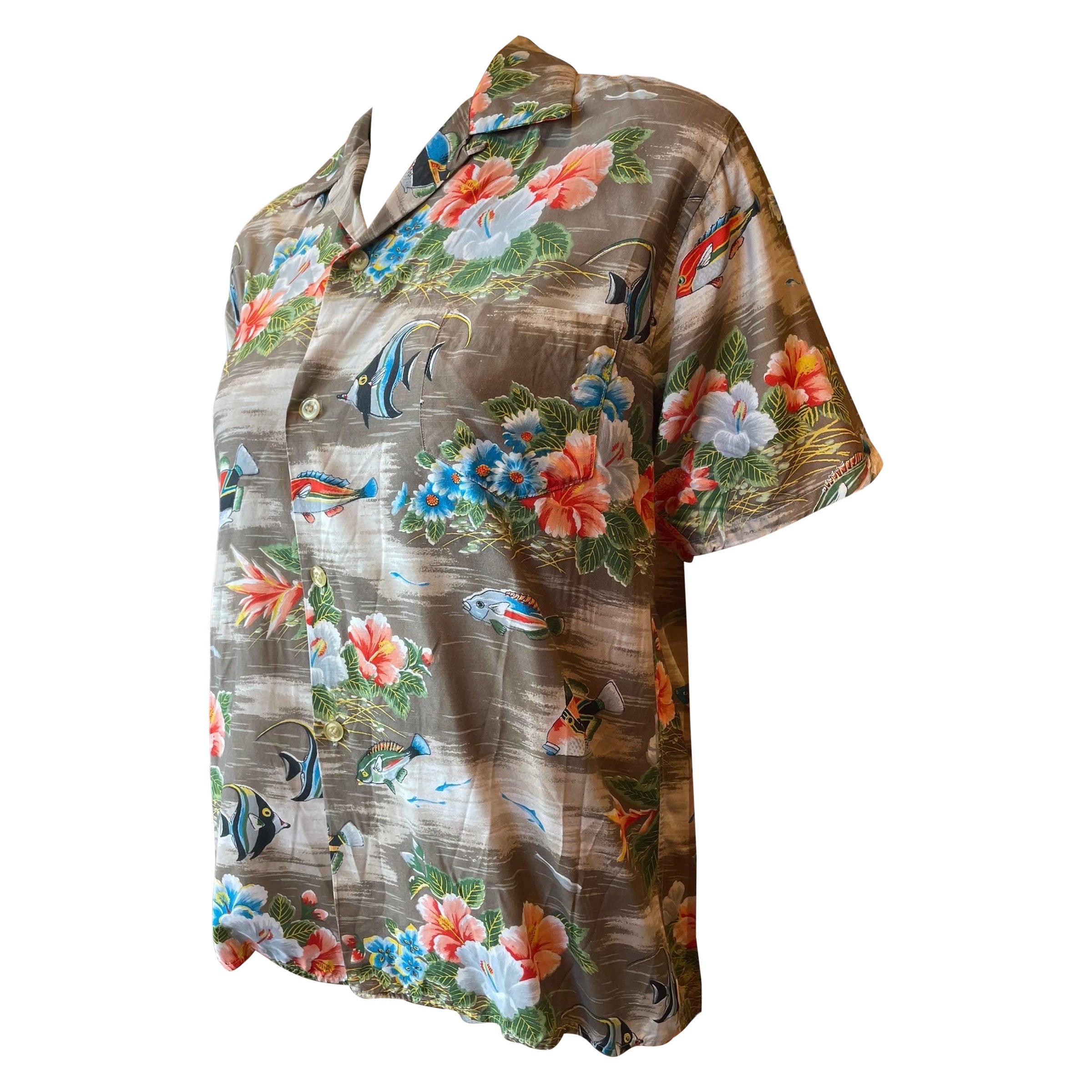 1960s Angel Fish and Hibiscus Button Up Hawaiian Shirt  For Sale