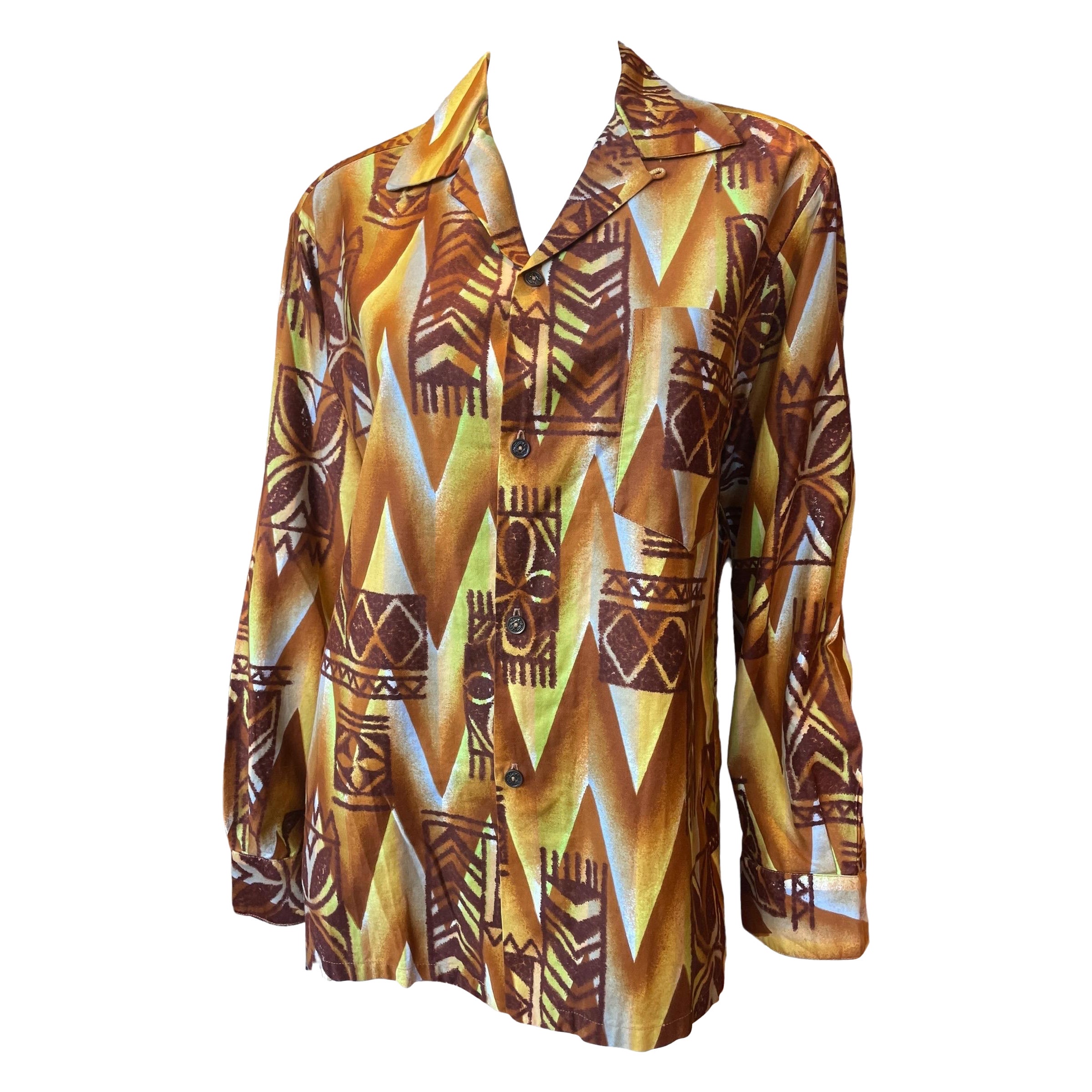 1960s Lauhala Gold-Tone Tiki Print Hawaiian Long Sleeve Shirt  For Sale