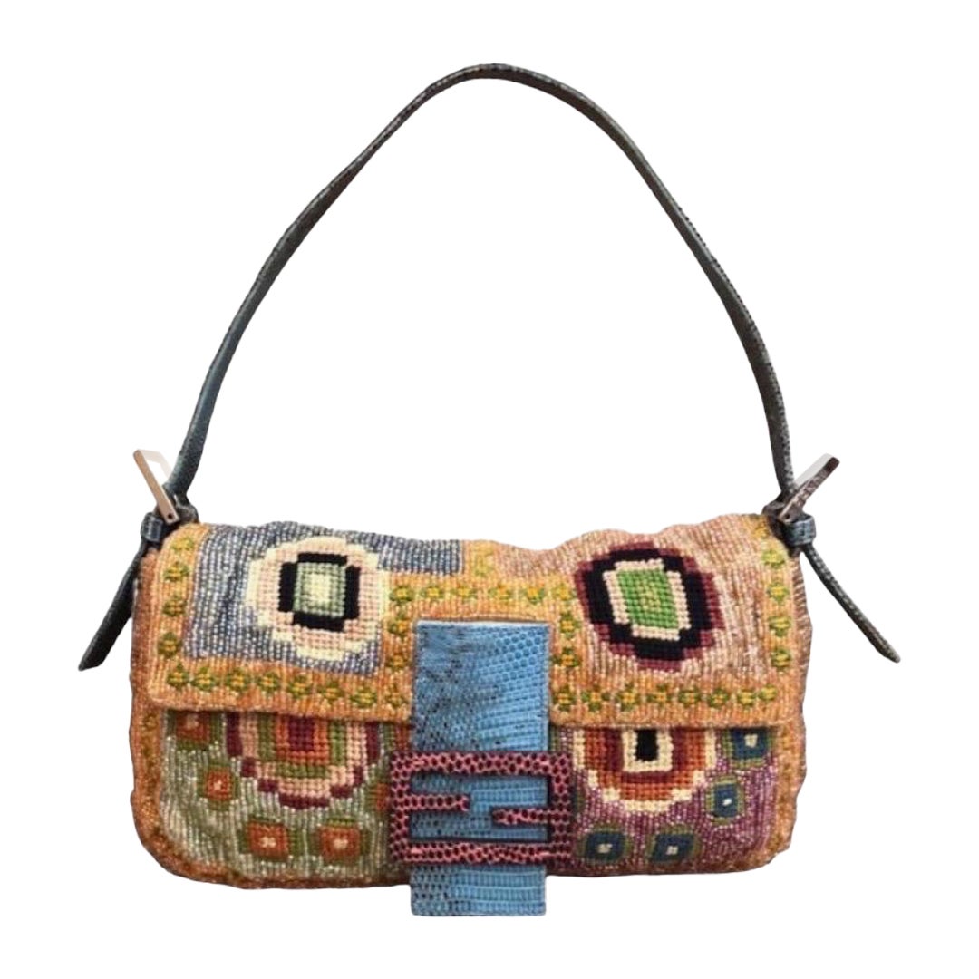 Iconic Vintage Fendi Boho style beaded embroidery  baguette from2000 For Sale